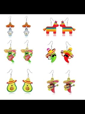 6 Pair Dangle Spanish Party Earrings Avacado Pepper Pinata